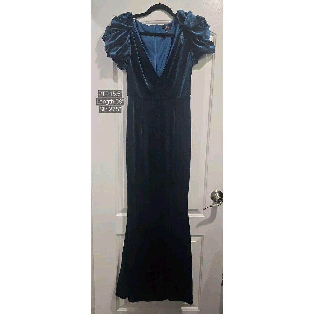 Lulu's Glamorous Excellence Teal Blue Velvet Puff Sleeve Maxi Dress M MSRP‎ $88